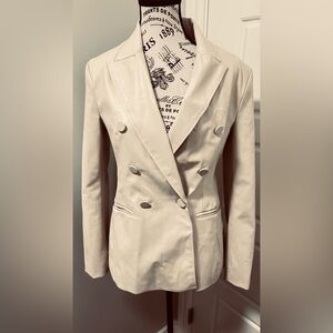 ZARA Cream Faux Leather Blazer Women Size M Double-Breasted Elegant Jacket